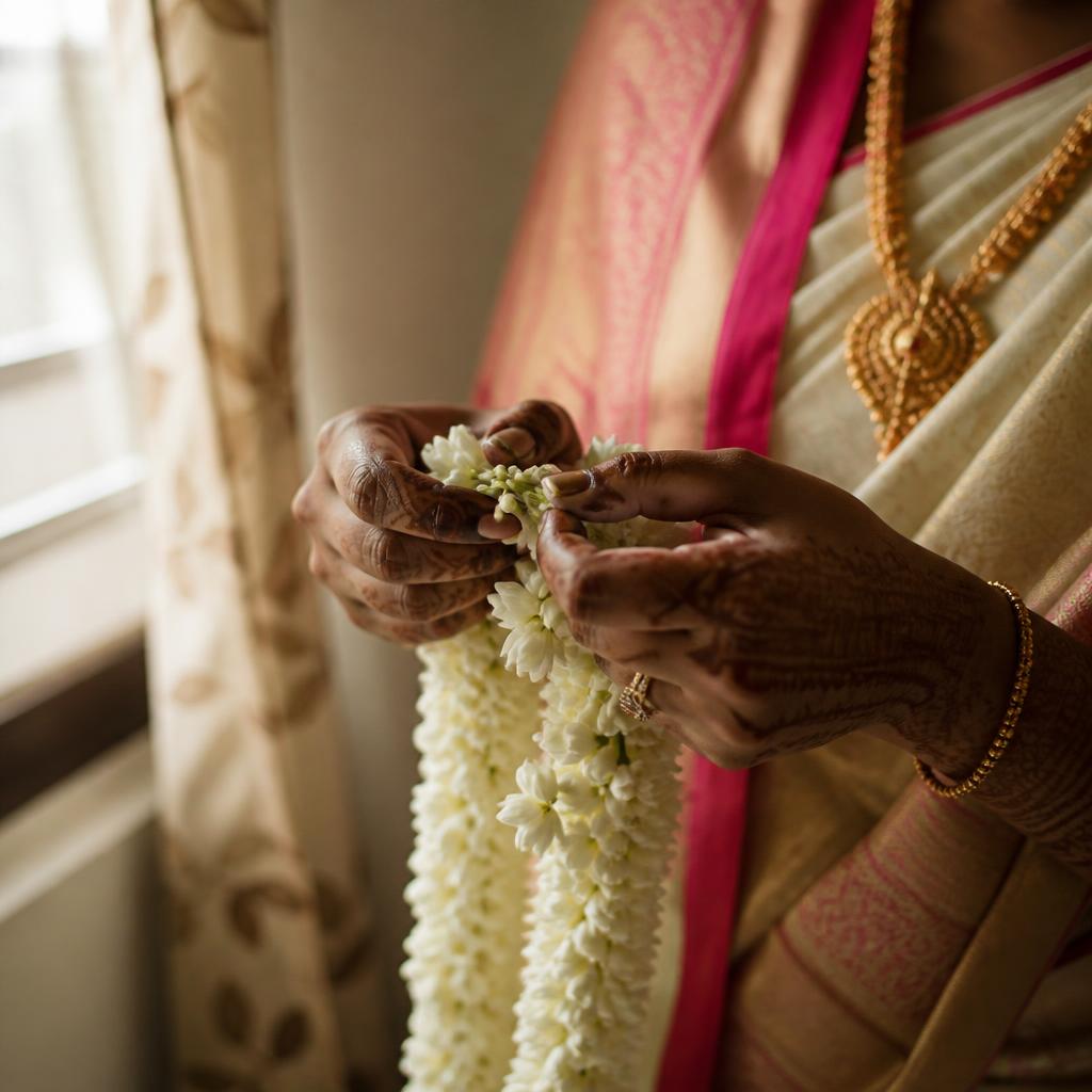 Bride's mehendi hands holding a jasmine garland