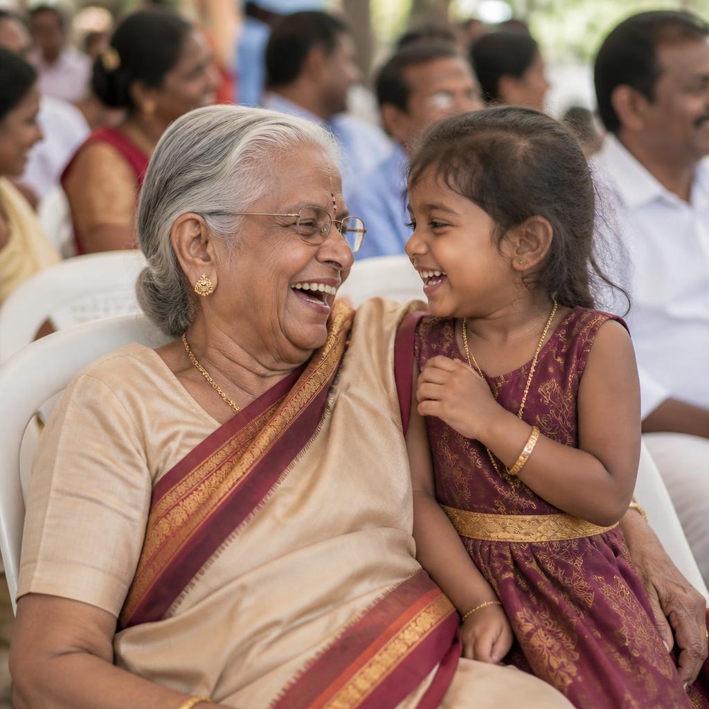 Grandmother and grandchild laughing at a family wedding