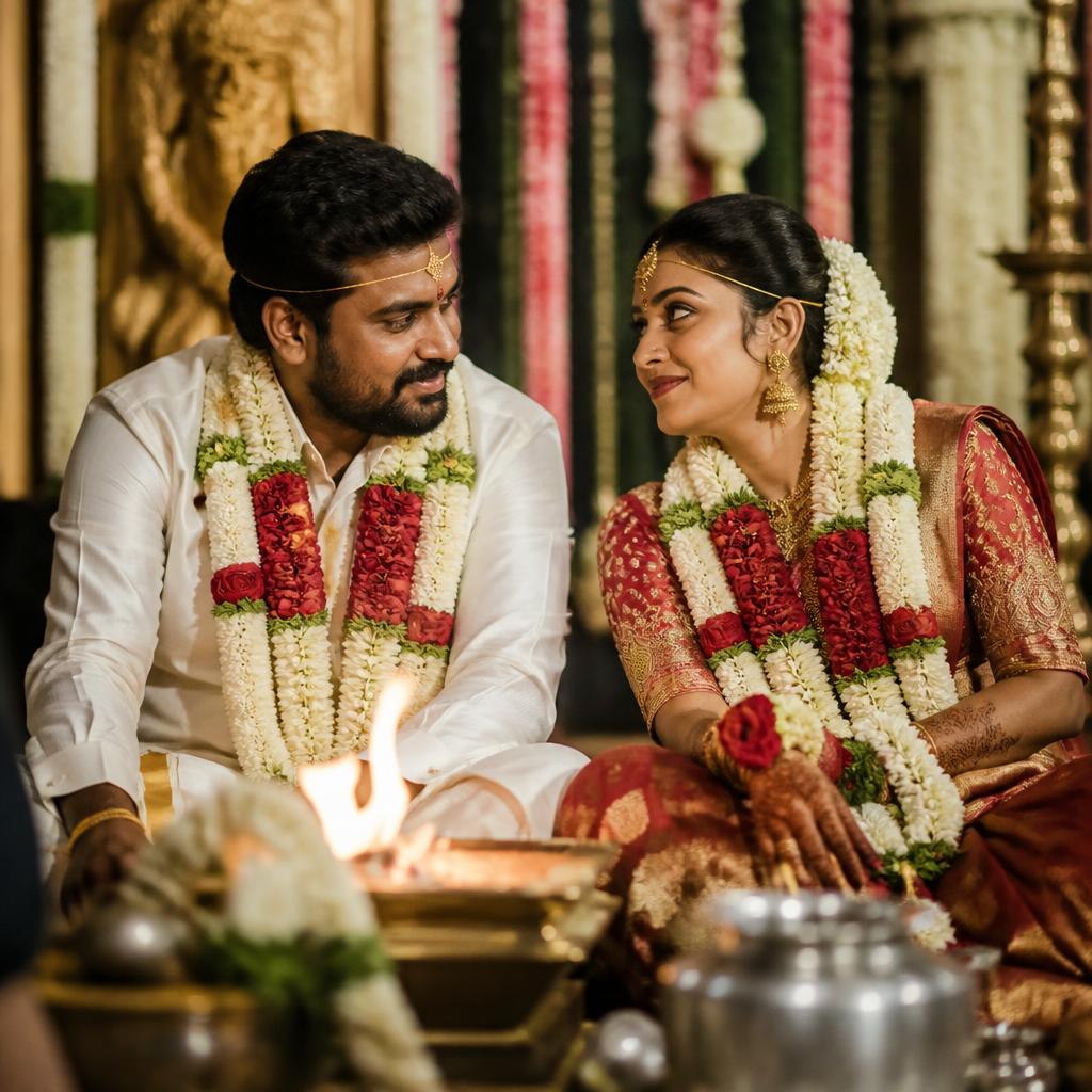 Couple sharing a glance during the muhurtham ritual