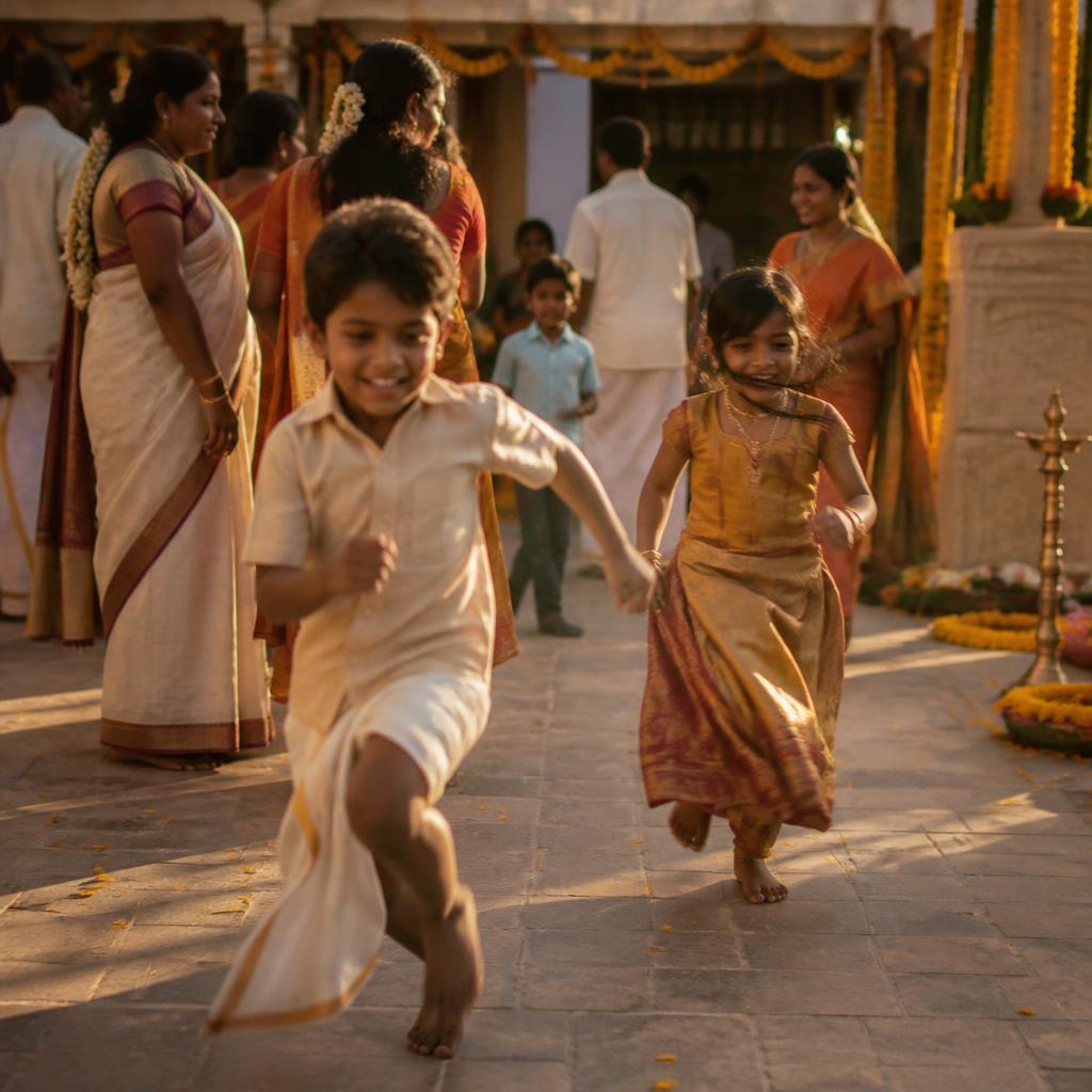 Children running through a marigold-decorated courtyard