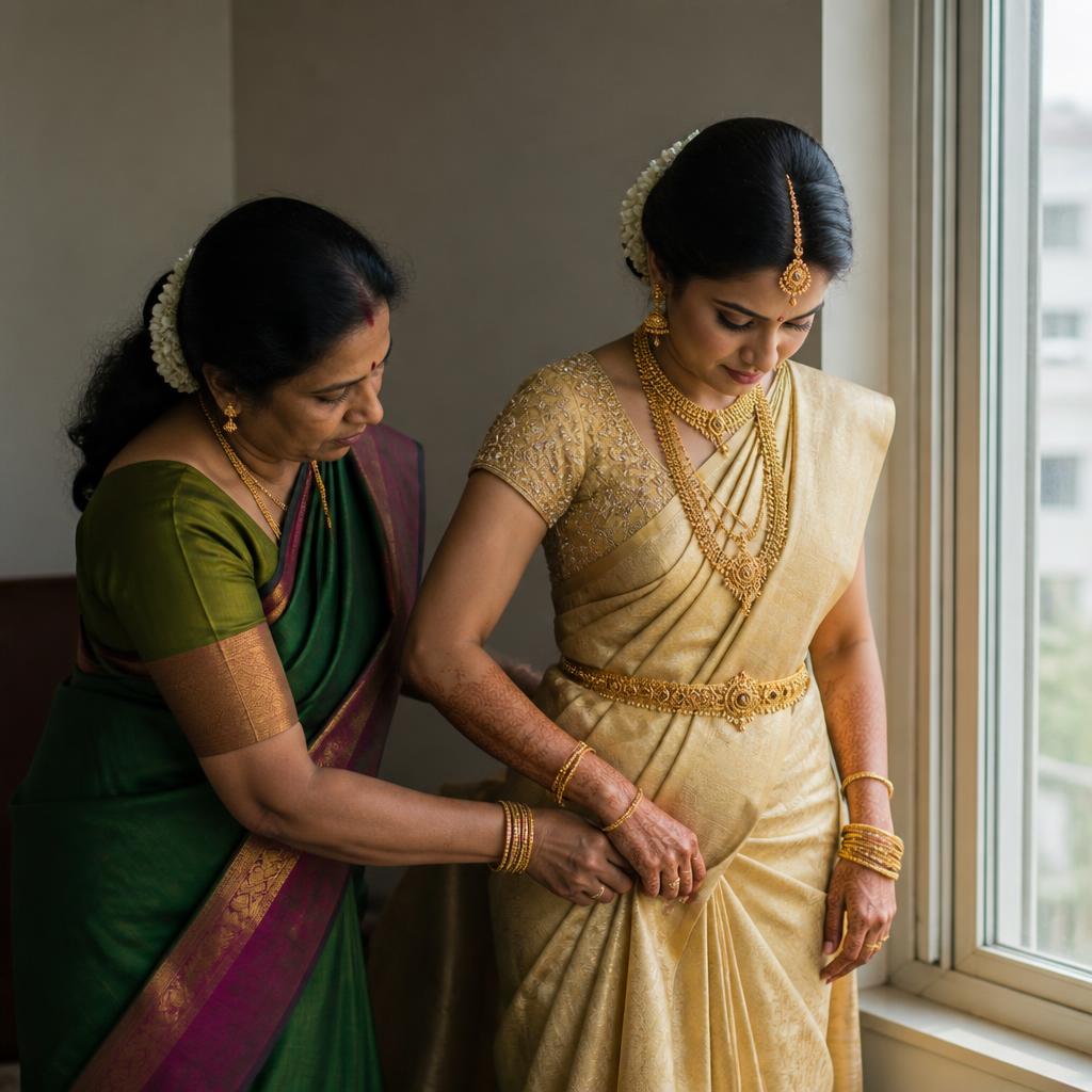 Mother helping the bride with her silk saree