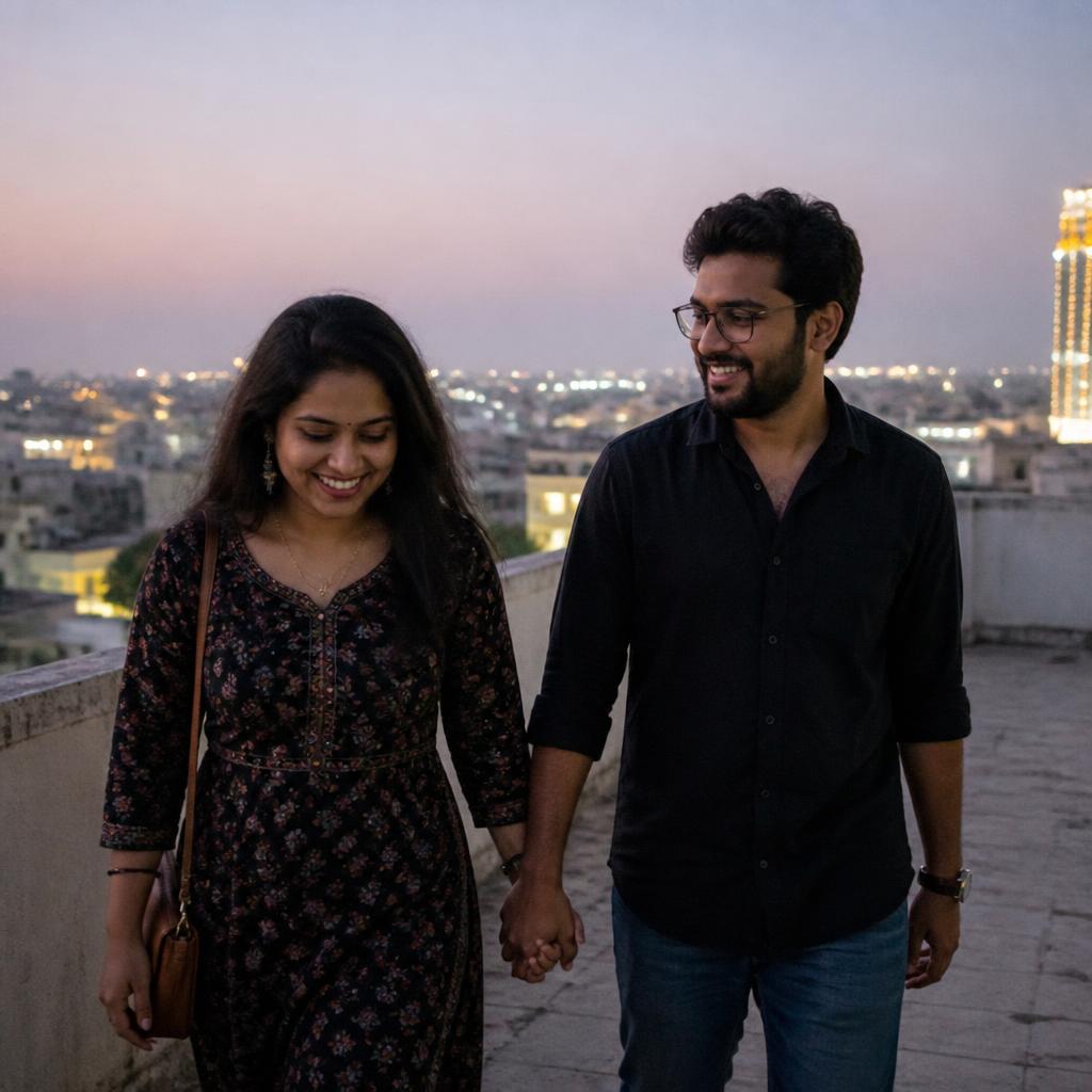 Couple walking at dusk on a Hyderabad rooftop